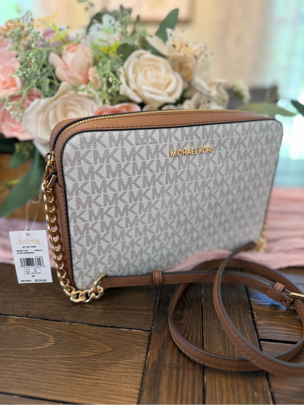 New - Michael Kors Signature Crossbody in Vanilla and Brown with gold accents